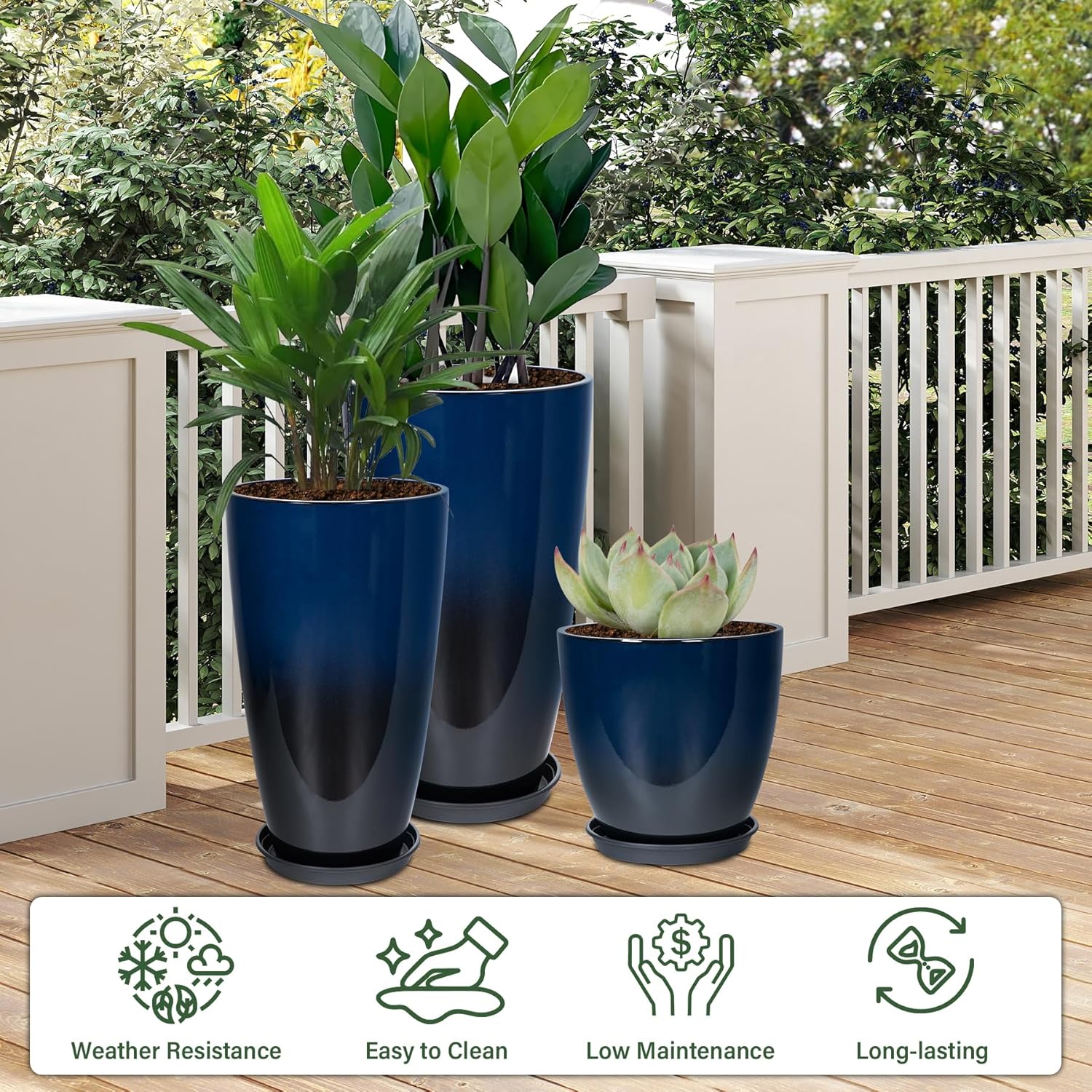 24/21/12 inch large plastic planter, lightweight ceramic-look tall planters with drain hole & saucers, tall plastic planters for porch, garden, patio, balcony(dark blue)