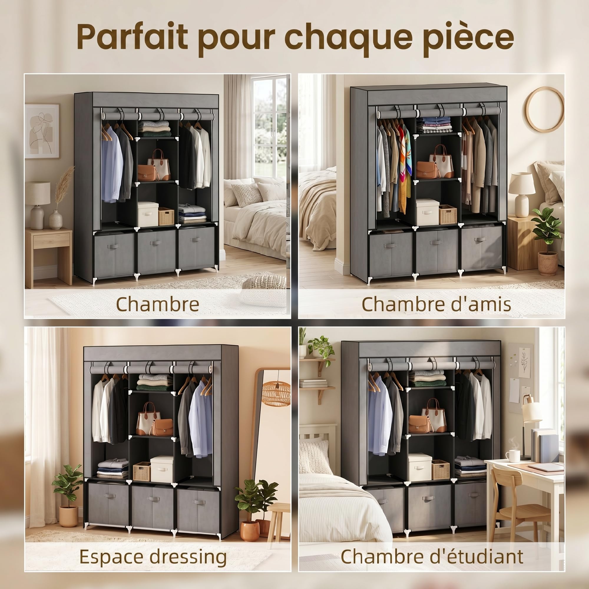 HOMCOM Armoire de Rangement en Tissu penderie Pliable avec 5 étagères, 2 Barres de Suspension et 3 tiroirs en Tissu - 125L x 43l x 162.5H cm, Gris