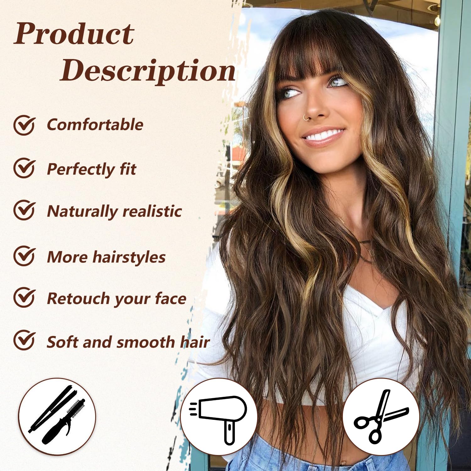 ORSUNCER Long Wavy Wigs with Bangs for Women Ombre Wig Synthetic Wavy Hair wigs for black white women for Daily Party 26 Inches Brown Mixed Blonde