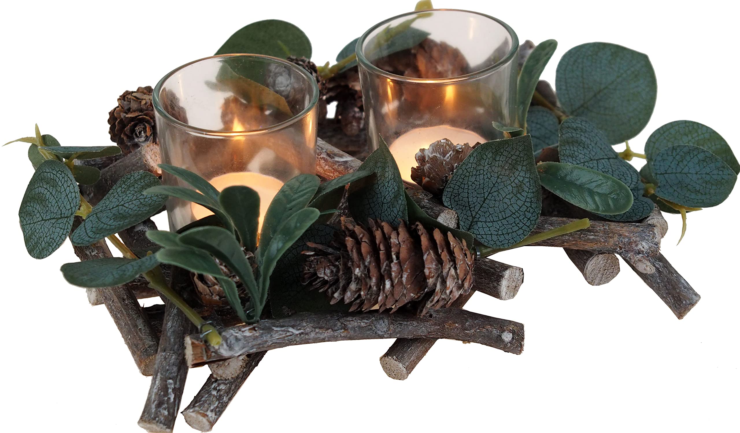 SiL Interiors Christmas Table Centrepiece Double Tealight Candle Holder - Alpine Sage Leaf