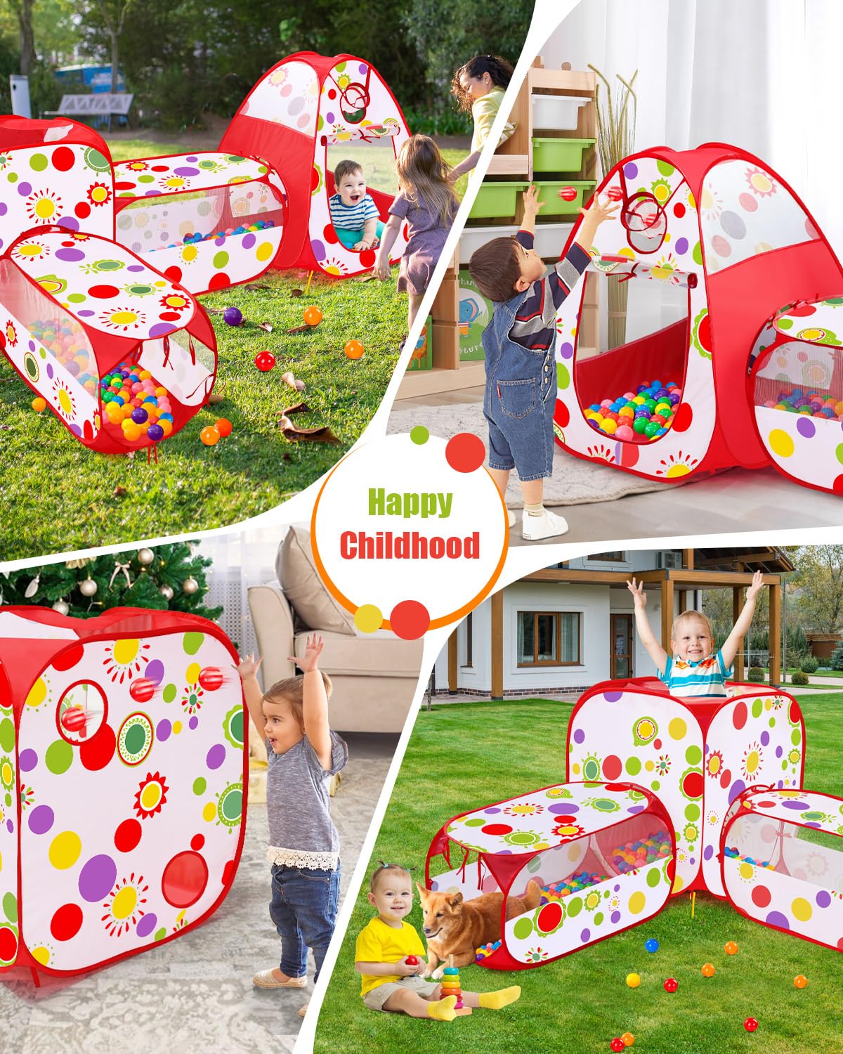 MAIKEHIGH Tunnel Gioco per Bambini, 4 en 1 Pop Up Tenda con Pieghevole Piscina Palline Interno Esterno Giardino Gioco Ragazzi Ragazze Compleanno Regalo | Pieghevole Piscina Palline Interno Esterno Giardino Gioco Ragazzi Ragazze Compleanno Regalo