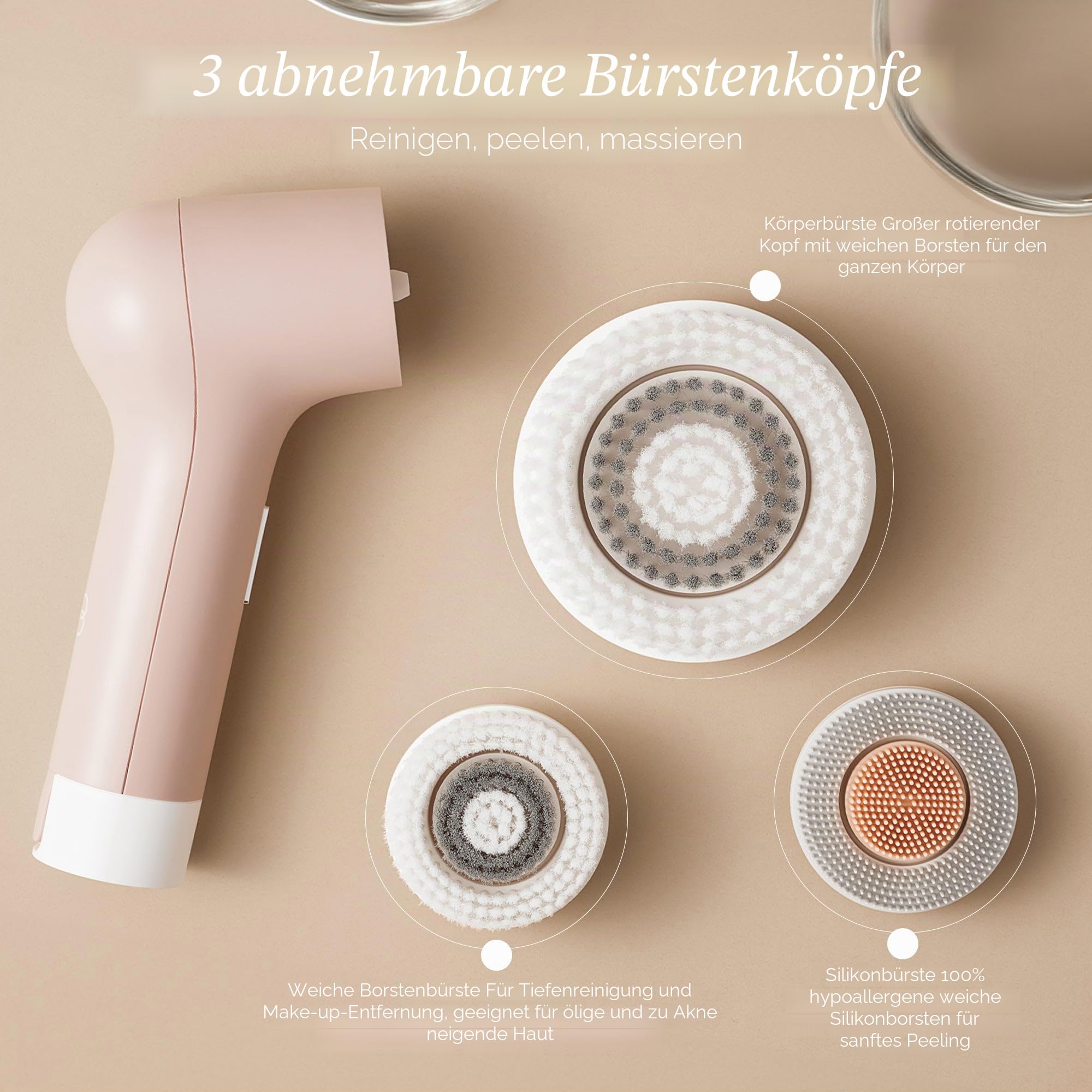 Project E Beauty Gloa Reinigungsbürste für Gesicht und Körper, 3 Reinigungsbürsten, Porenreiniger, Peeling-Bürsten, Wasserdichtes Hautpflege-Set