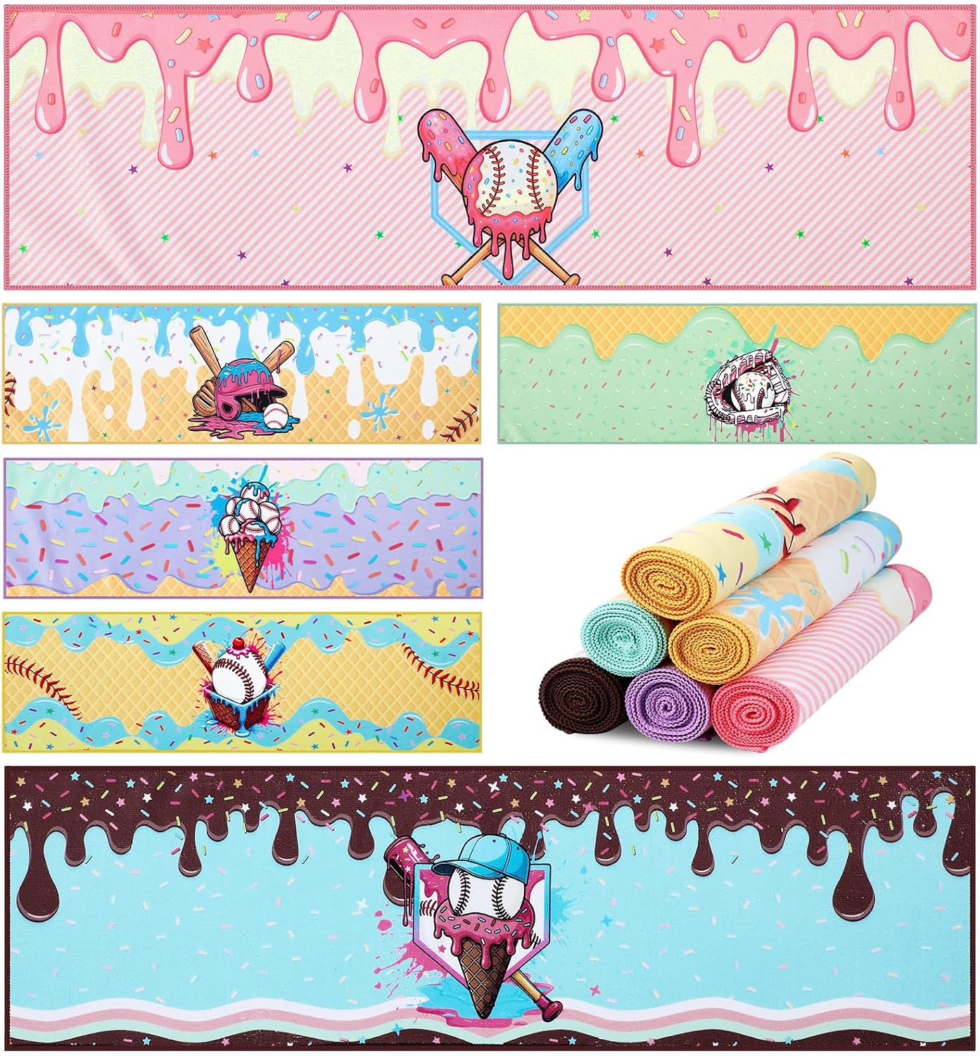 Frienda 18 Pcs Ice Cream Drip Baseball Cooling Towel 40 x 12 Inch Microfiber Sweat Baseball Towel Sport Rags Absorbent Chilly Washcloth for Hot Weather Youth Team Coach Gift Sport Party Favors