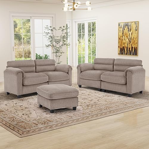HAOMARKETS Corduroy Sofa Set, Upholstered Ottoman, Loveseat Set of 2with Plush Cushions and Rolled Arms, Modern Living Room Furniture Sets,Brown
