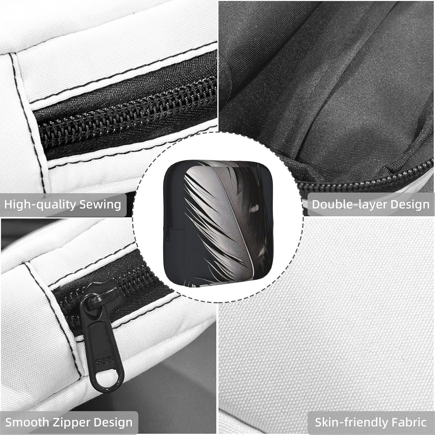 Women Period Bag Pouch For Girls Sanitary Napkin Storage Bag Portable Black Feather Period Pad Pouch Small Make Up Bags Tampon Holder For Purse Travel Daily Use image 4