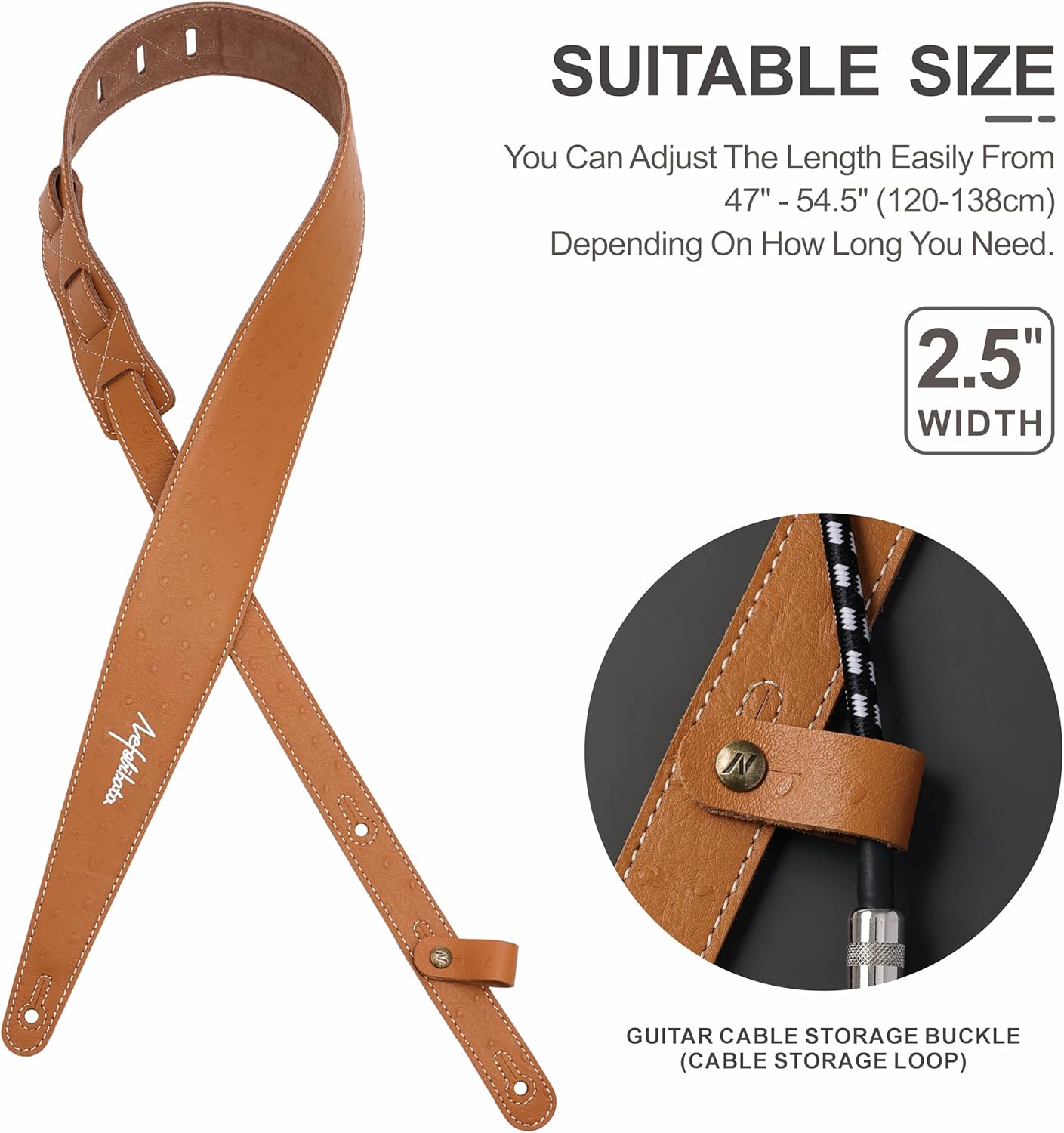 Nefelibata Guitar Strap 2.5" Ostrich-patterned Full-grain Cowhide Leather Adjustable Guitar Straps with Foam Padding for Bass, Electric, and Acoustic Guitars