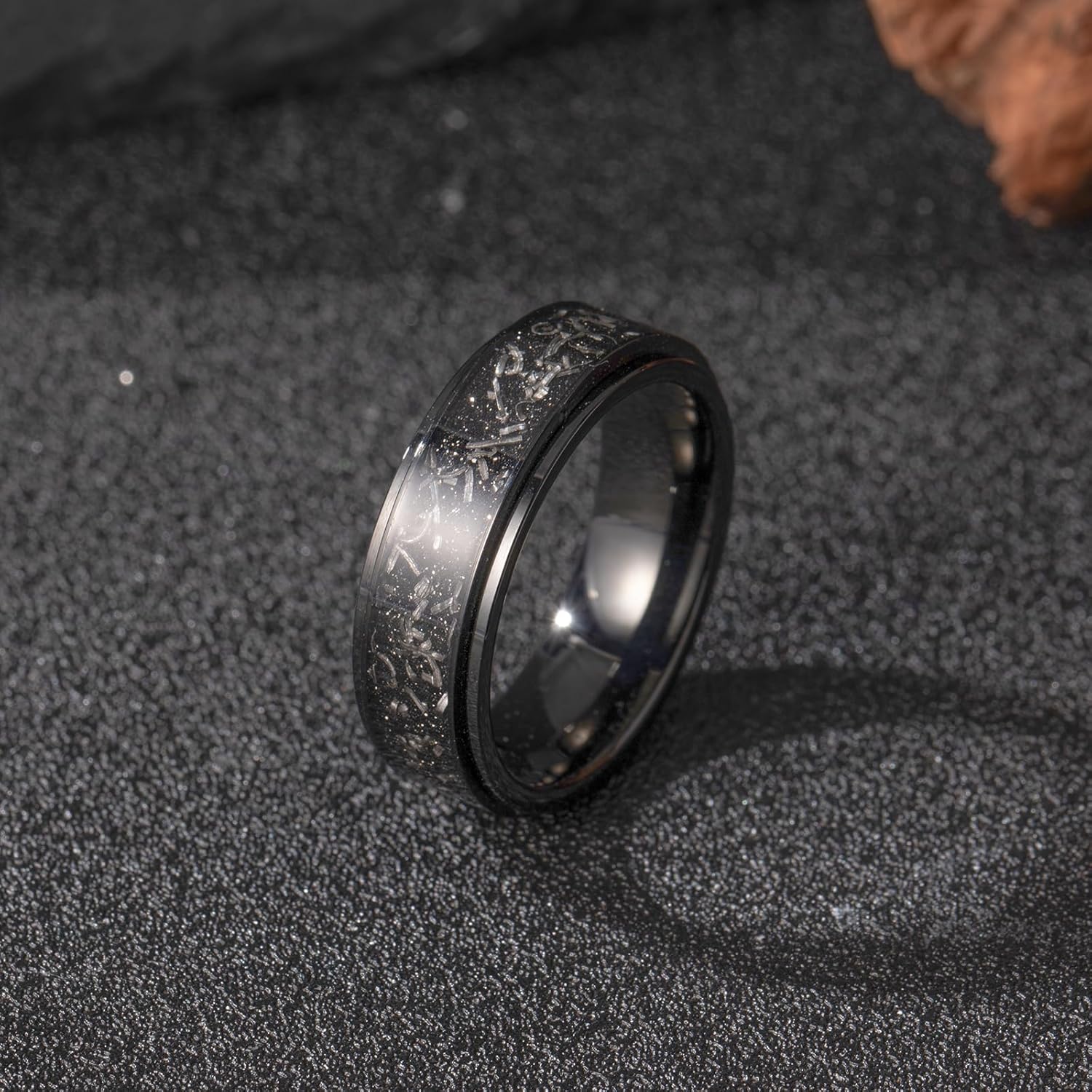 TUNGSTORY 8mm Tungsten Mens Wedding Band, Black Spinner Fidget Rings Meteorite Inlaid, Anxiety Released Spinner Ring for Men Engagement Anniversary Comfort Fit Size 7-12