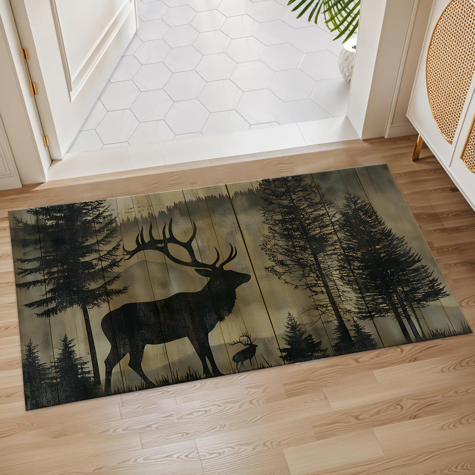 Plistiz Rustic Elk Silhouette Indoor Door Mat, 17x29.5 Inch, Floor Area Rug for Entryway, Living Room, or Bathroom, Non-Slip Doormat, Forest Deer Home