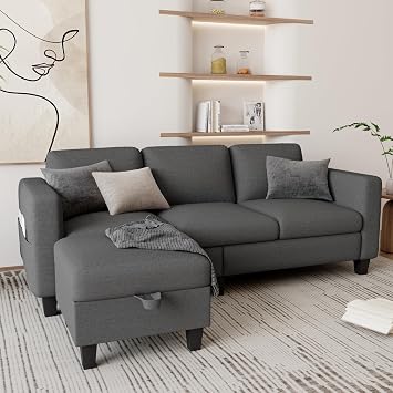 Couches for Living Room 3 Seats L Shaped Sofa with Storage Movable Ottoman