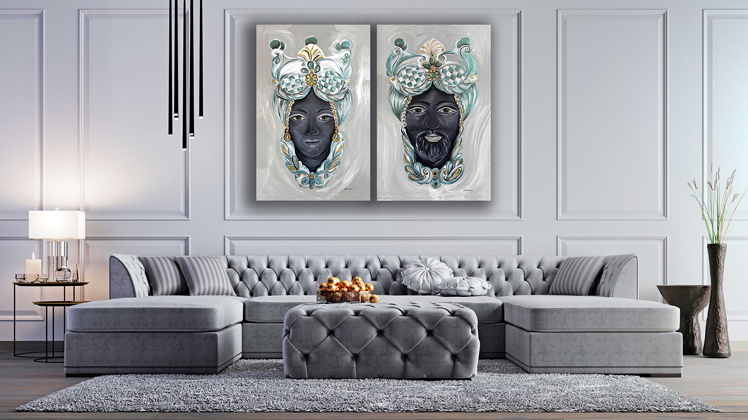 DIAMOND HOME Dipinto a Mano Acrilico su Tela Struttura in legno | Quadro Materico Rettangolare con Dettagli in Rilievo | Set da 2 Dipinti (65 x 100 CM) Made in Italy SET TESTE DI MORO SUPREME
