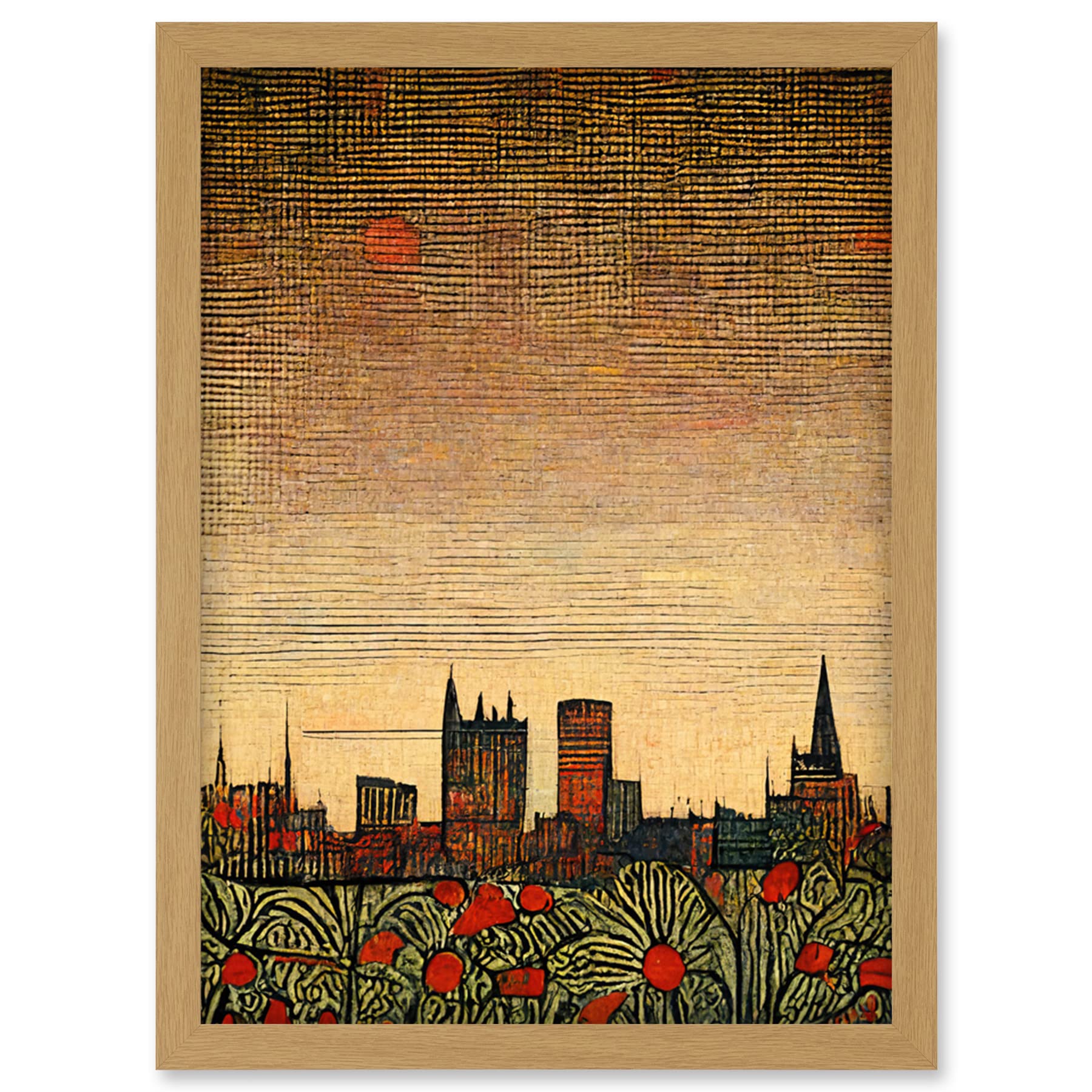 Doppelganger33 LTD Floral City Skyline Poppies William Morris Artwork Framed Wall Art Print A4