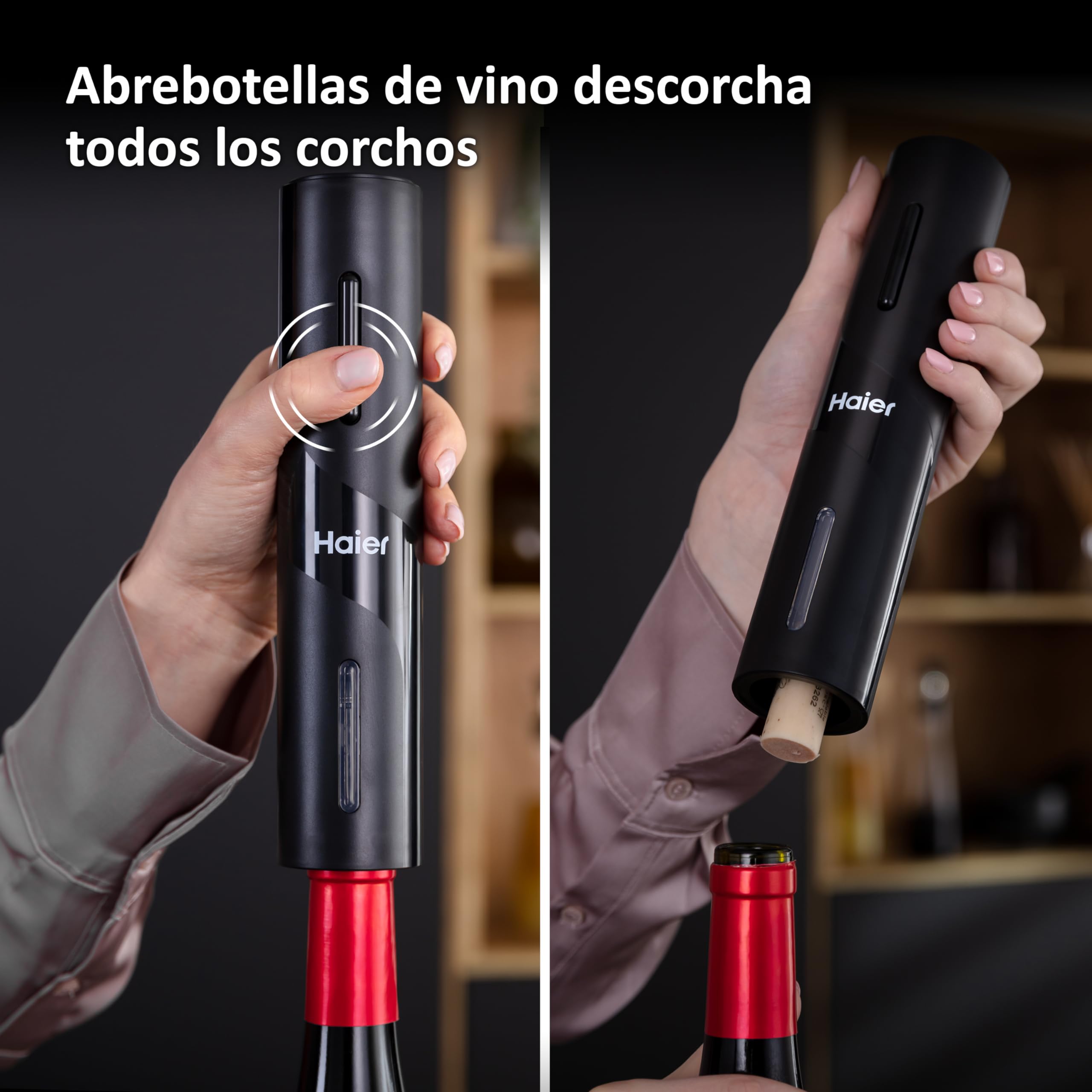 Haier Set de Vino Eléctrico a Batería, Incluye Aireador y Recogegotas en forma de Tulipán, Abrebotellas con Batería, Cortacápsulas, 2 Tapones de Vacío, Base para Conservación.