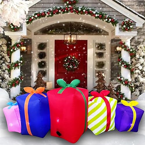 Miniatura 4 de SEASONBLOW Cajas de regalo inflables de Navidad de 7 pies con decoración de bolas, decoración con iluminación LED para Navidad, césped, patio,