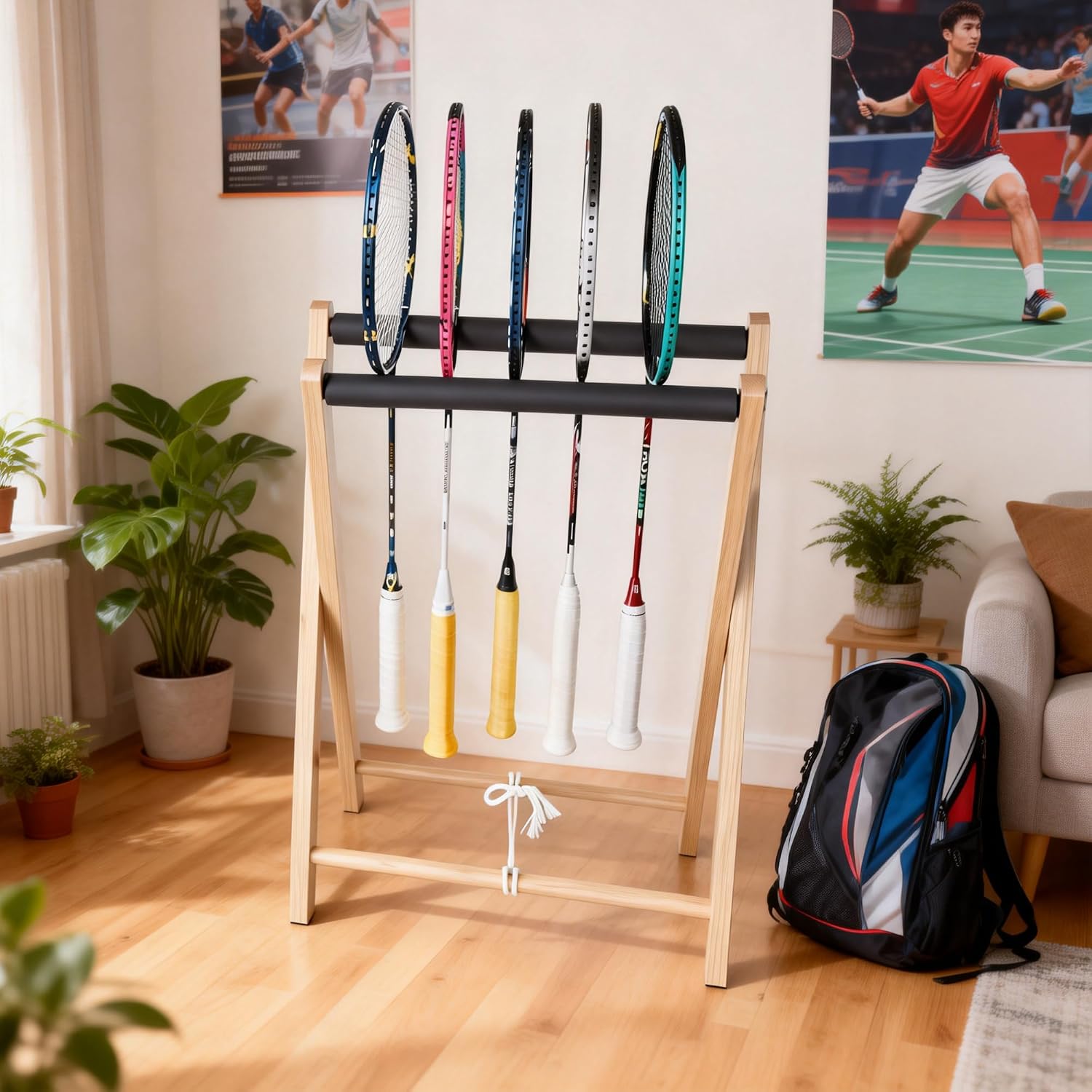 Wooden Tennis Racket Storage Rack – Solid Wood Rack Holder, EVA Foam Protection, Large Capacity 10‑Racket Organizer, for Home Gym Club Music Studio