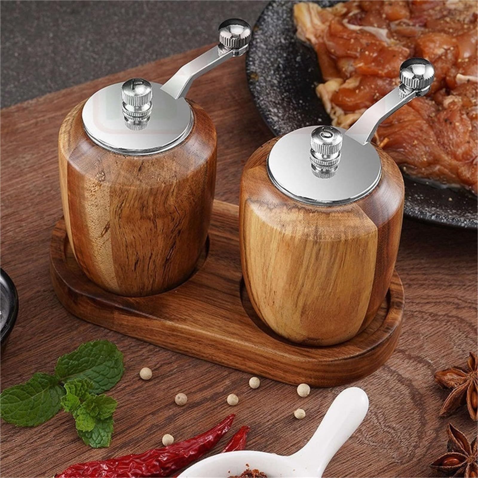 Młynek Do Pieprzu I Soli Drewniany Młynek Do Pieprzu Z Korbą, Ręczny Młynek Do Pieprzu Z Rdzeniem Ceramicznym, Z Możliwością Wielokrotnego Napełniania Młynków Do Przypraw(2pcs)