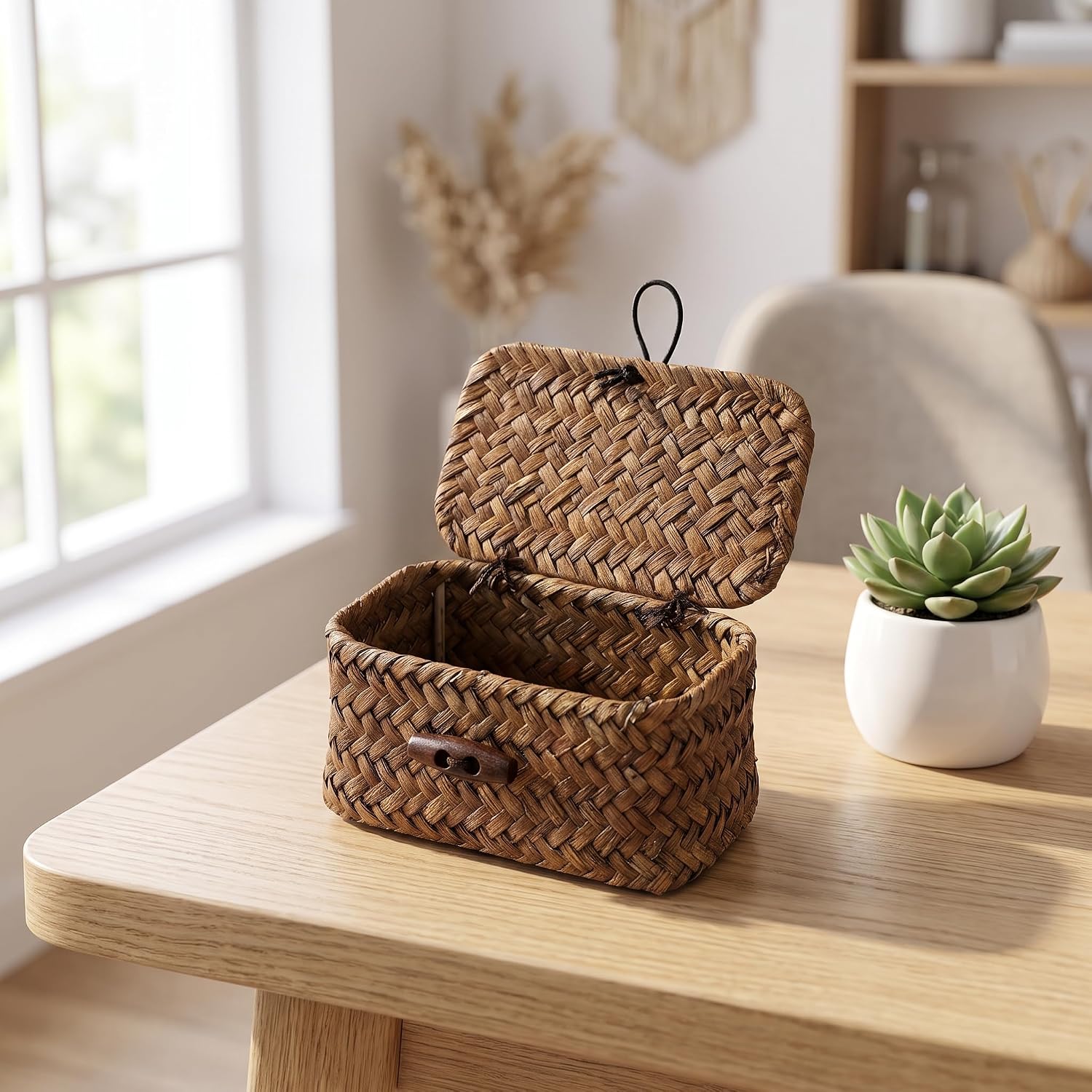 Handwoven Mini Seagrass Basket with Lid Natural Seagrass Shelf Desktop Organizer