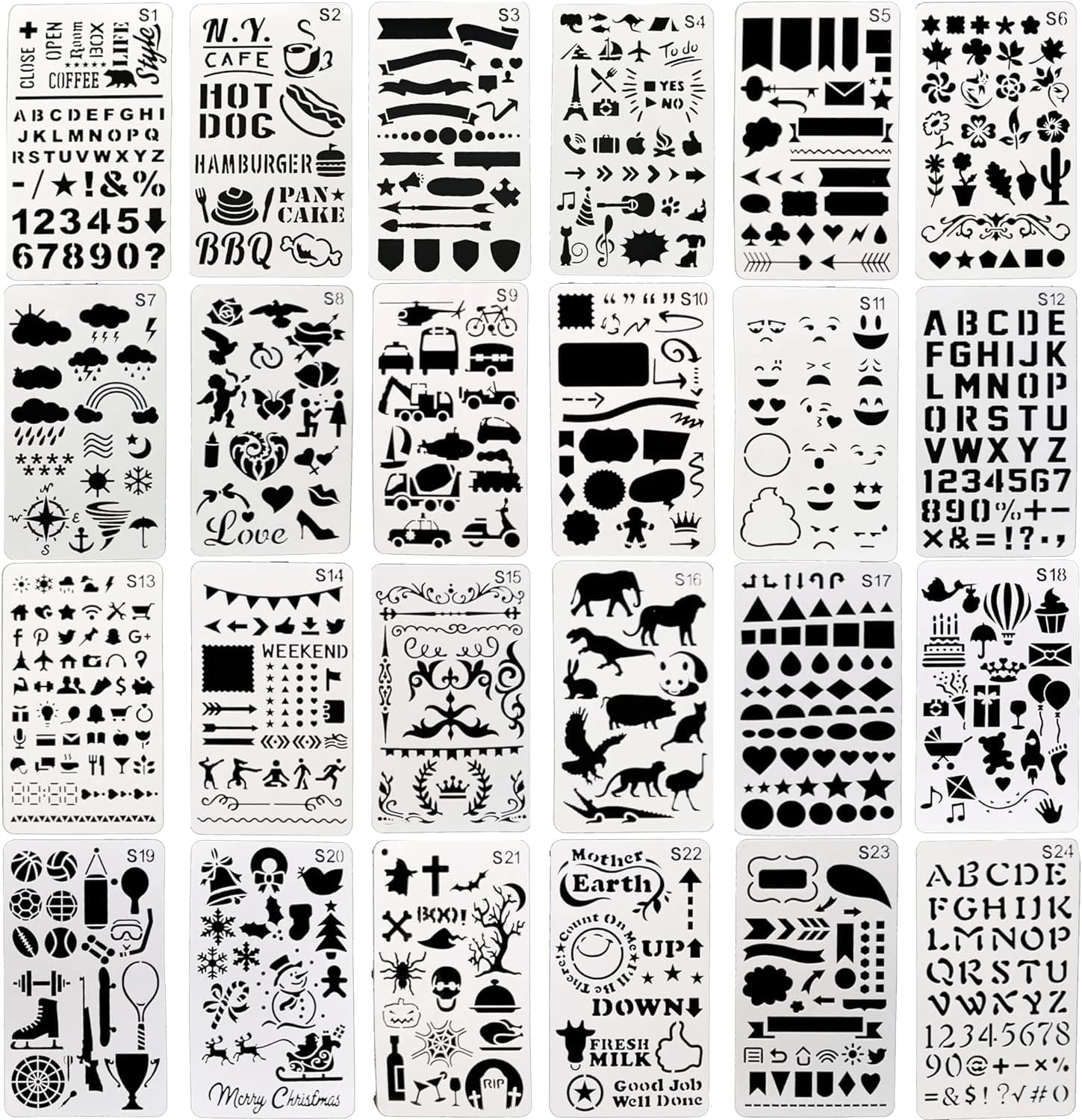 24pcs Stencil, BetterJonny 4x7 Inch Reusable Plastic Planner Stencils, Notebook/Diary/Scrapbook DIY Drawing Template Stencil for Scrapbooking - Arts and Crafts Supplies for Kids