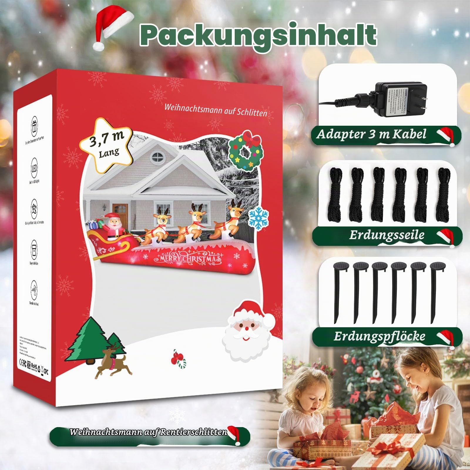 360 cm/12 Fuß aufblasbare Weihnachtsdekoration, drei Rentiere ziehen den Schlitten des Weihnachtsmanns, IP44 wasserdicht, schnelle Aufblaszeit von 1 Minute, geeignet für Gärten/Stadtplätze usw