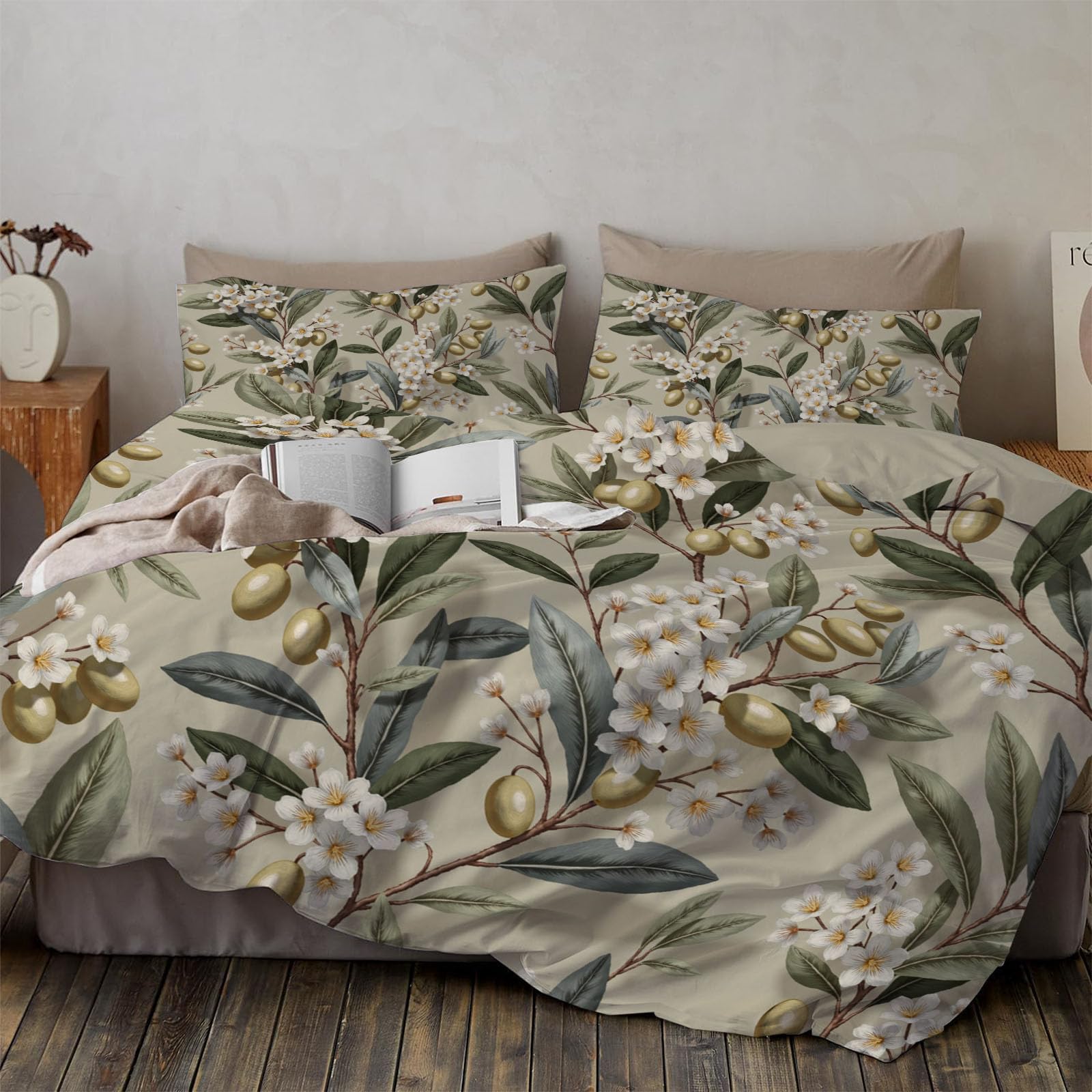 Parure de lit style campagnard vert olive pour une chambre douce et sereine