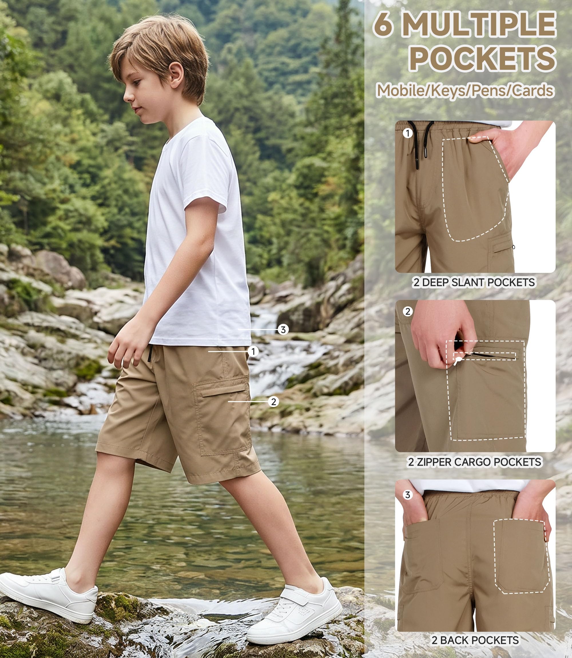 Pantaloncini Cargo da Ragazzo con Coulisse Elastico in Vita Estivi Asciugatura Rapida Shorts Tasca con Cerniera