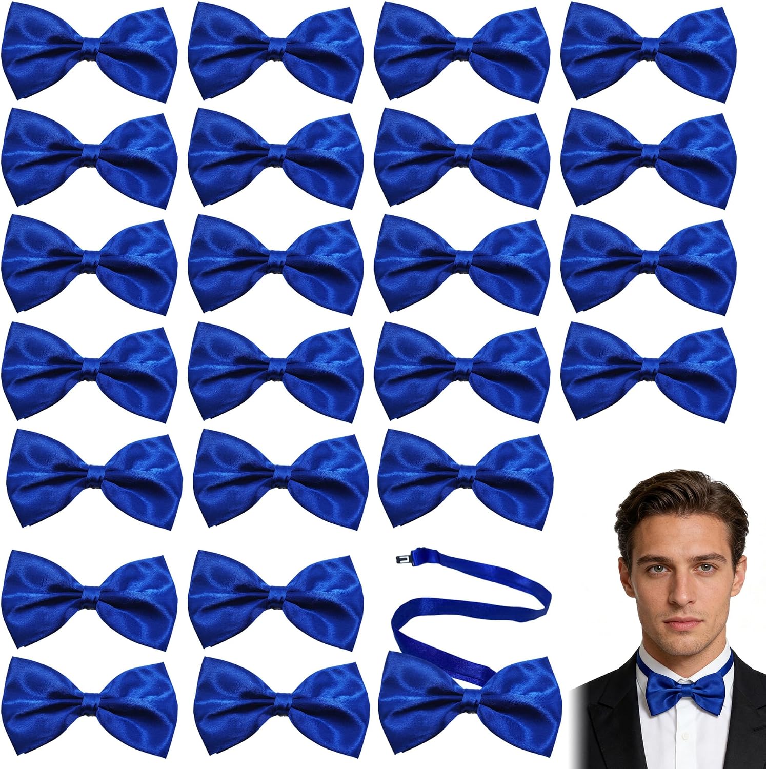 24 Pcs Men's Bow Satin Solid Ties Formal with Adjustable Neck Band Bow Ties, Royal Blue Bow Tie Bluk for Men for Wedding Celebration Party (Blue)