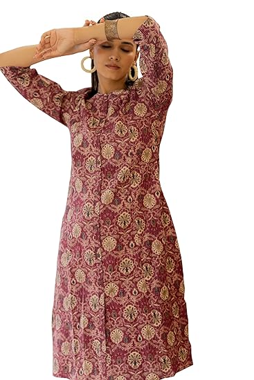 SOURBH Women's A-Line Cotton Kantha Work Ajrakh Printed Kurti Only (K10032-Maroon, Beige-XL)
