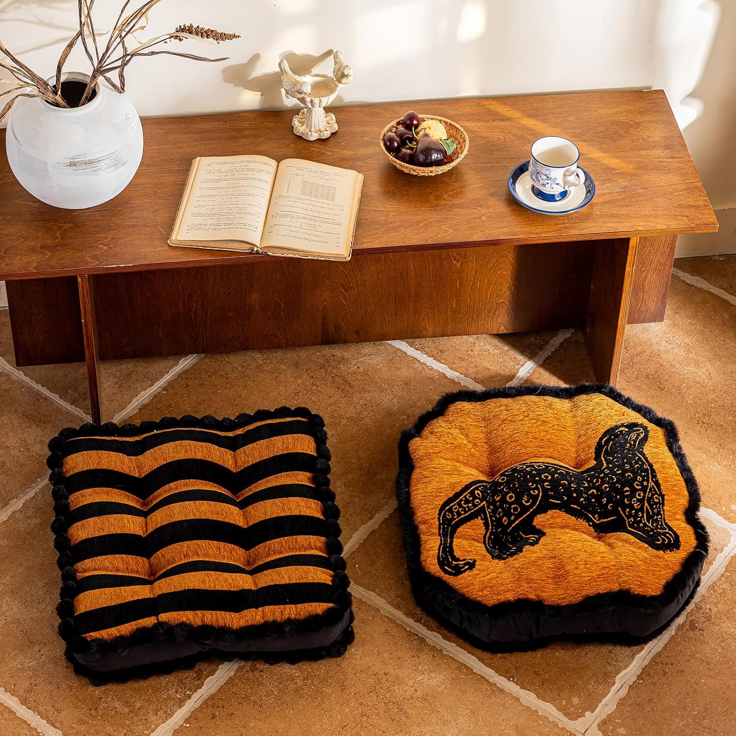 vctops Chenille Stripe Print Chair Cushions with Faux Fur Pompoms Soft Thick Chair Pads Square Seat Cushions for Indoor Dining Room and Kitchen Chairs (Orange B,16"x16")