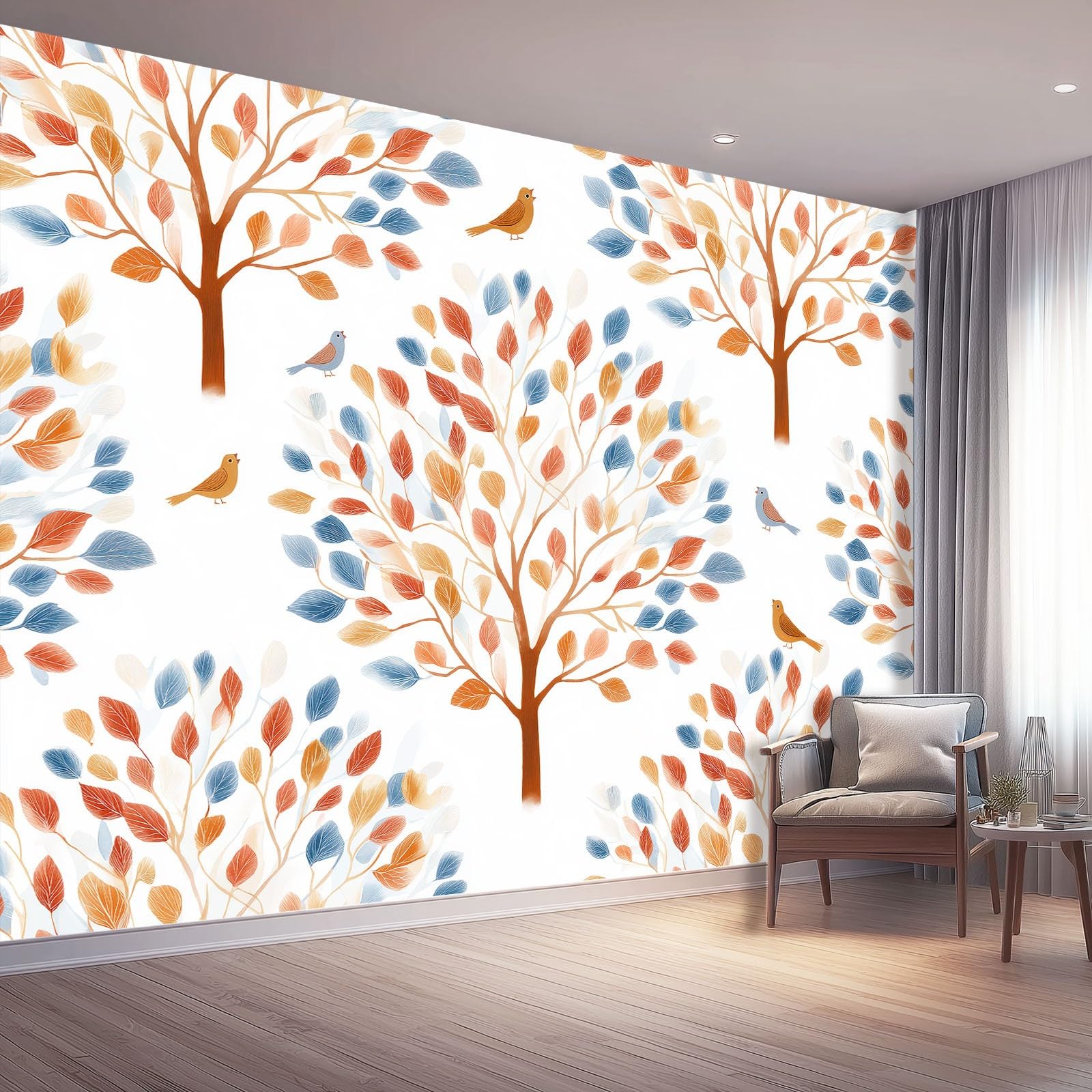 Tapeta ścienna Akwarela Drzewa Natura Ptaki na ścianę, Dekoracja domu Salon Sypialnia, Brązowy Pomarańczowy Druk HD, Artystyczny Design, Pokrycie ścienne, 400 x 280 cm