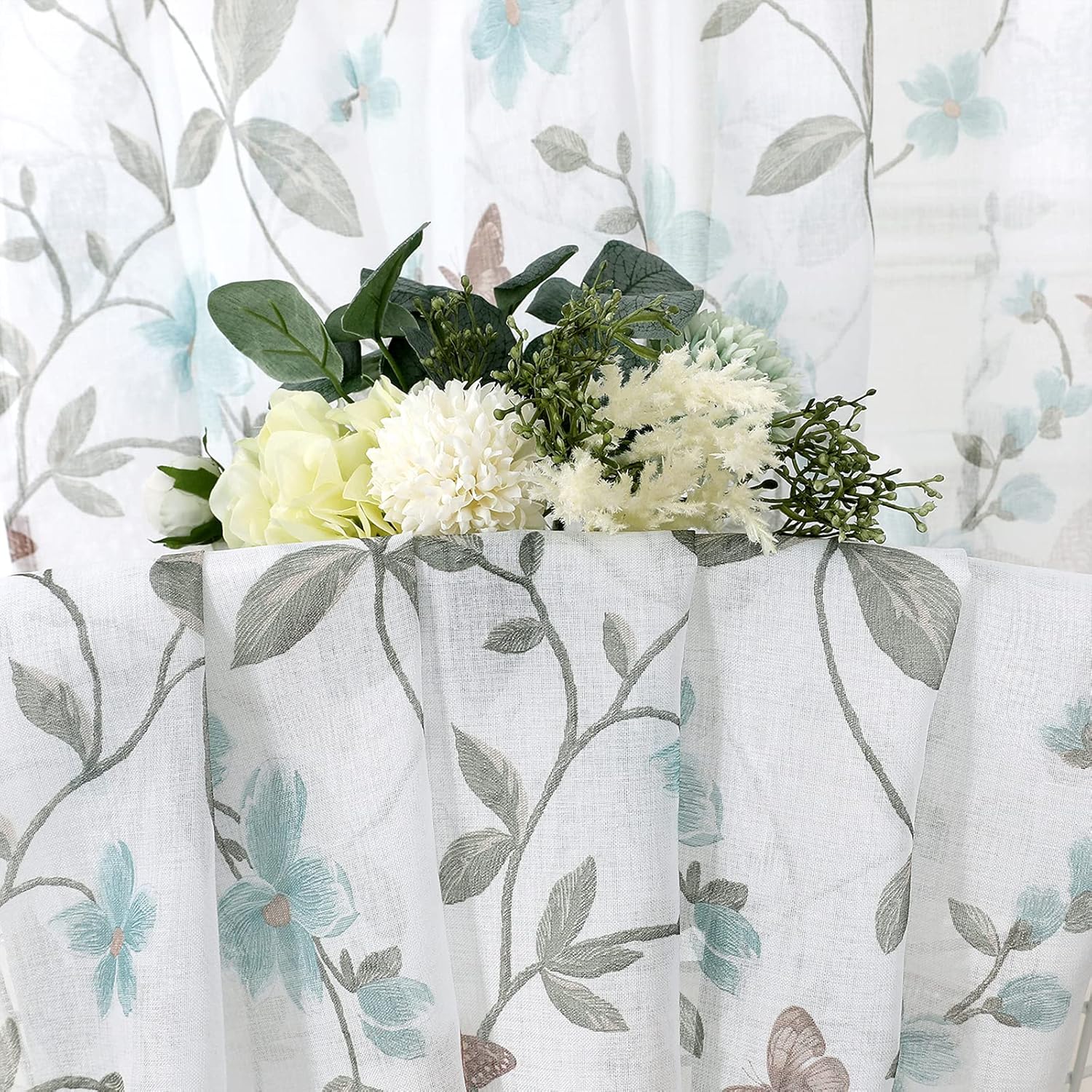 Tollpiz Sheer Floral Curtains Blue Flower Butterfly Printed Living Room Curtain Rod Pocket Voile Faux Linen Window Curtains for Bedroom, 54 x 72 inches Long, Set of 2 Panels