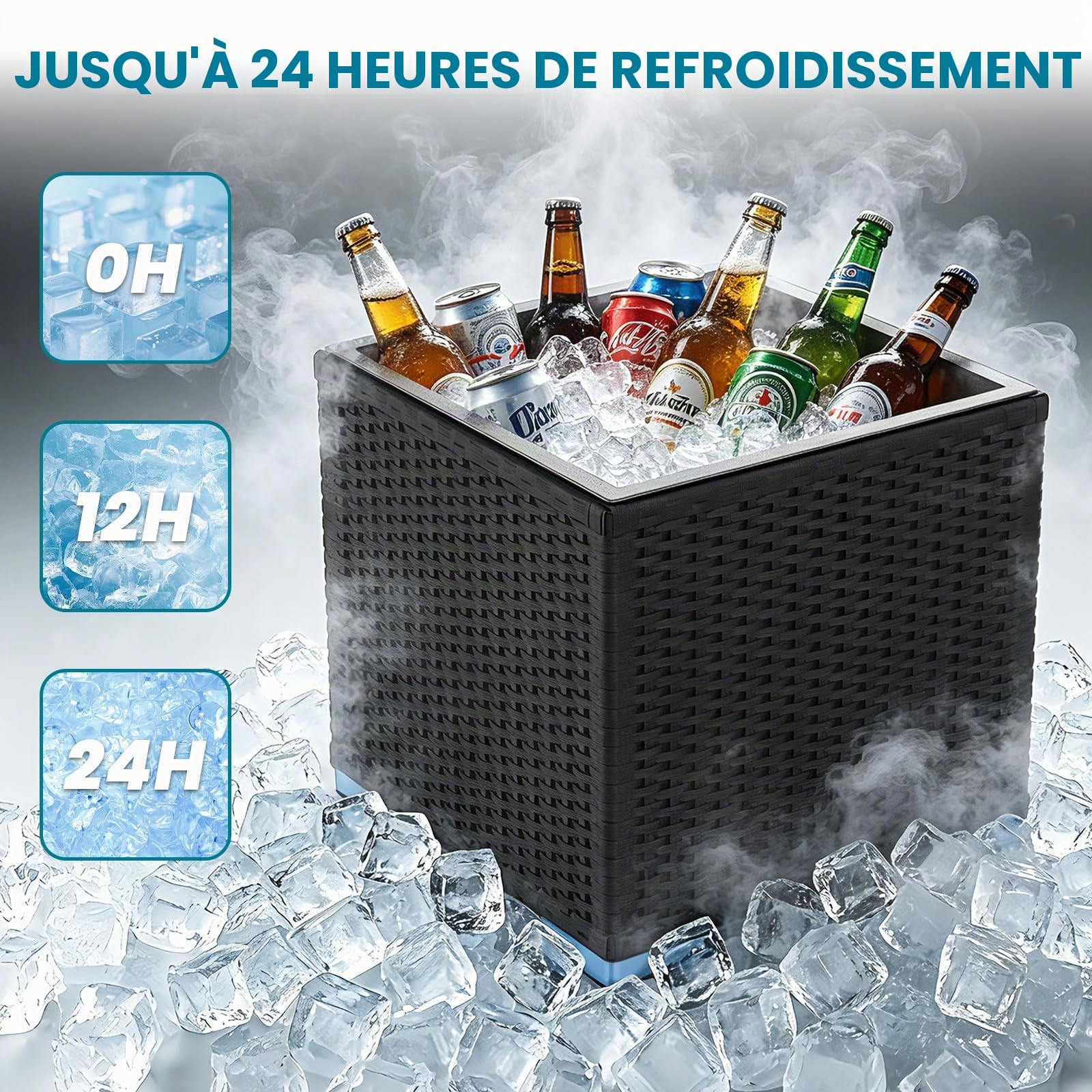 Soontrans Glaciere Rigide 43 × 43 × 43 CM Capacité 40 L, Table Glaciere Durable avec 4 Patins Antidérapants, Glacière Carrée Isolation 24 Heures sans Électricité, pour Camping, Voyager, Fête, Noir
