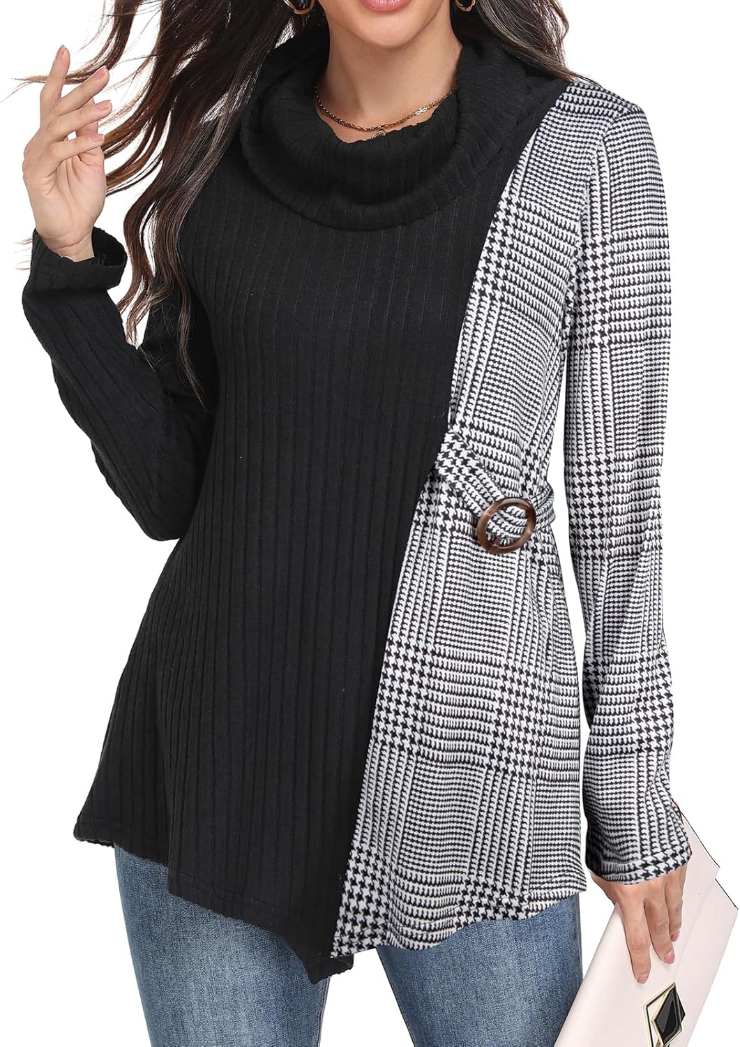 SeSe Code Cowl Neck Tunic Sweater for Women Lightweight Long Sleeve Tunic Tops for Leggings with Asymmetric Hem Knit Pullover - Image 2