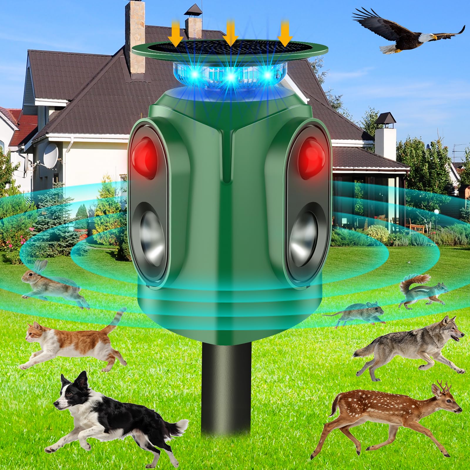 Repellente per animali a ultrasuoni per esterni, repellente per gatti e cervi, con sensore PIR, ad energia solare per una protezione a 360° contro gatti, cervi, scoiattoli, procioni, conigli in