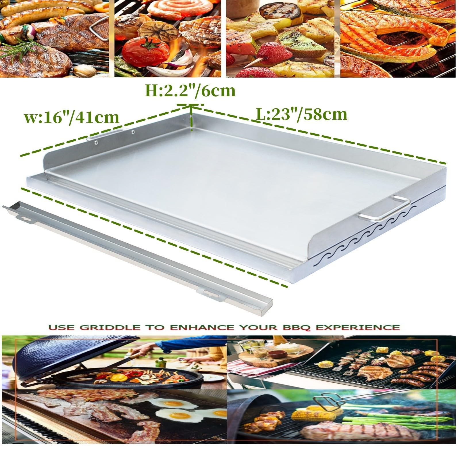 Plancha de cocina de acero inoxidable, inserto de placa superior plana con ranura para grasa y 2 asas extraíbles para parrillas de gas/carbón, portón trasero, campamento y fiestas, 23 x 16 pulgadas 5