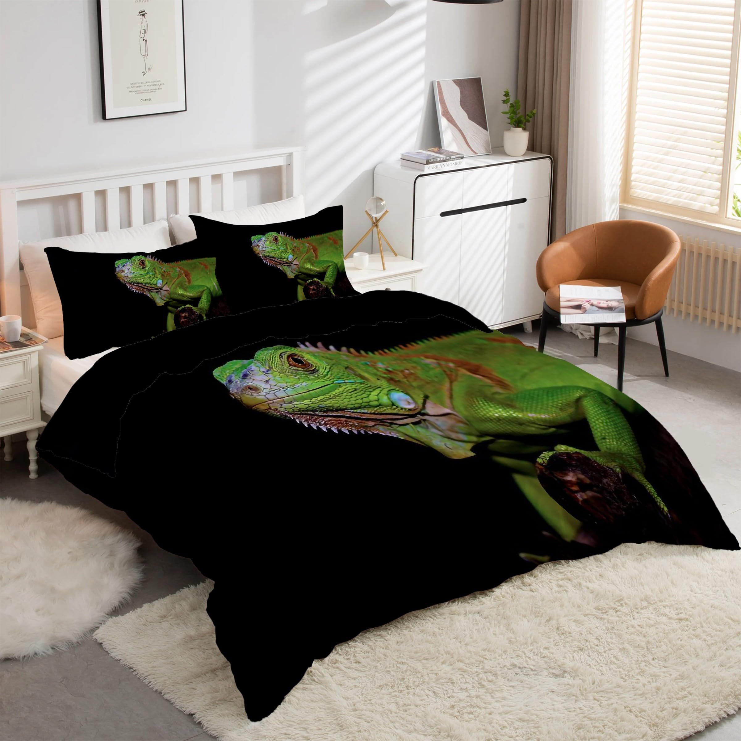 Housse de Couette 220x240 LéZardVert avec 2 Taies d'oreiller en Microfibre