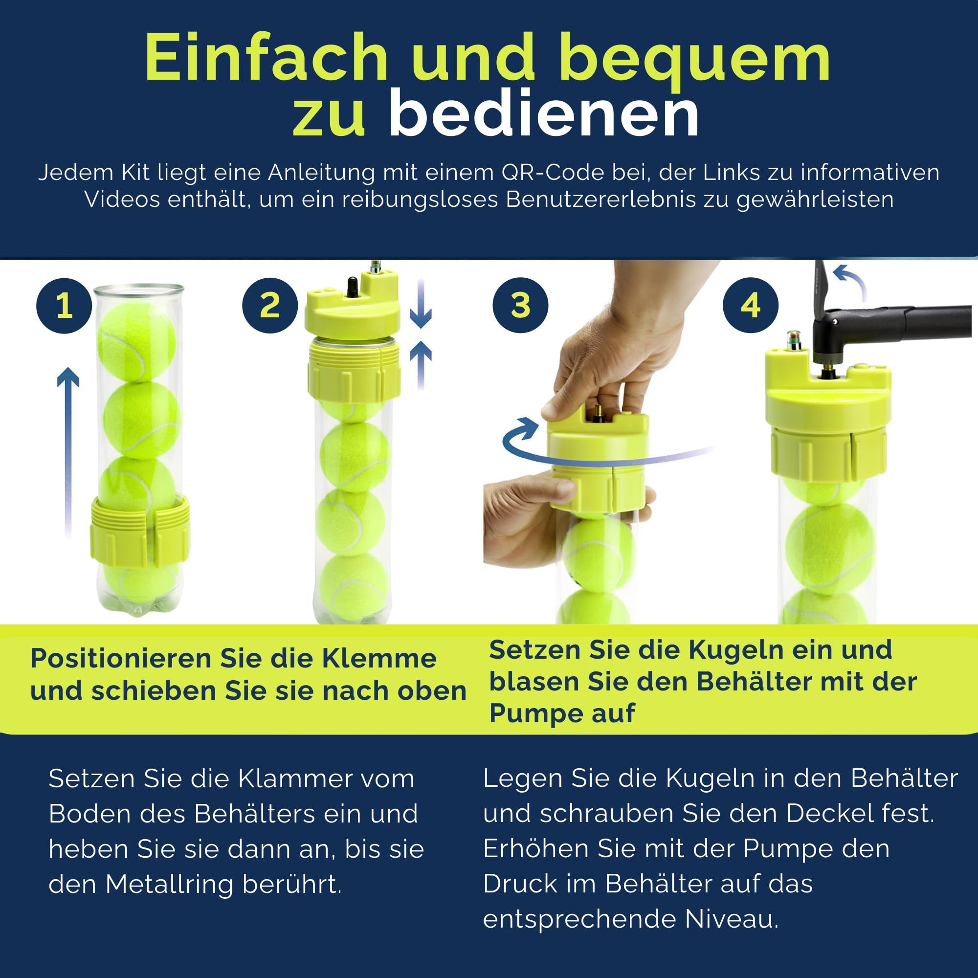 Ball Rescuer verwandelt die Dosen für drei oder vier Padel-oder Tennisbälle zu einem 30- PSI Druckbehälter. ( Verpackung nicht im Lieferumfang enthalten)