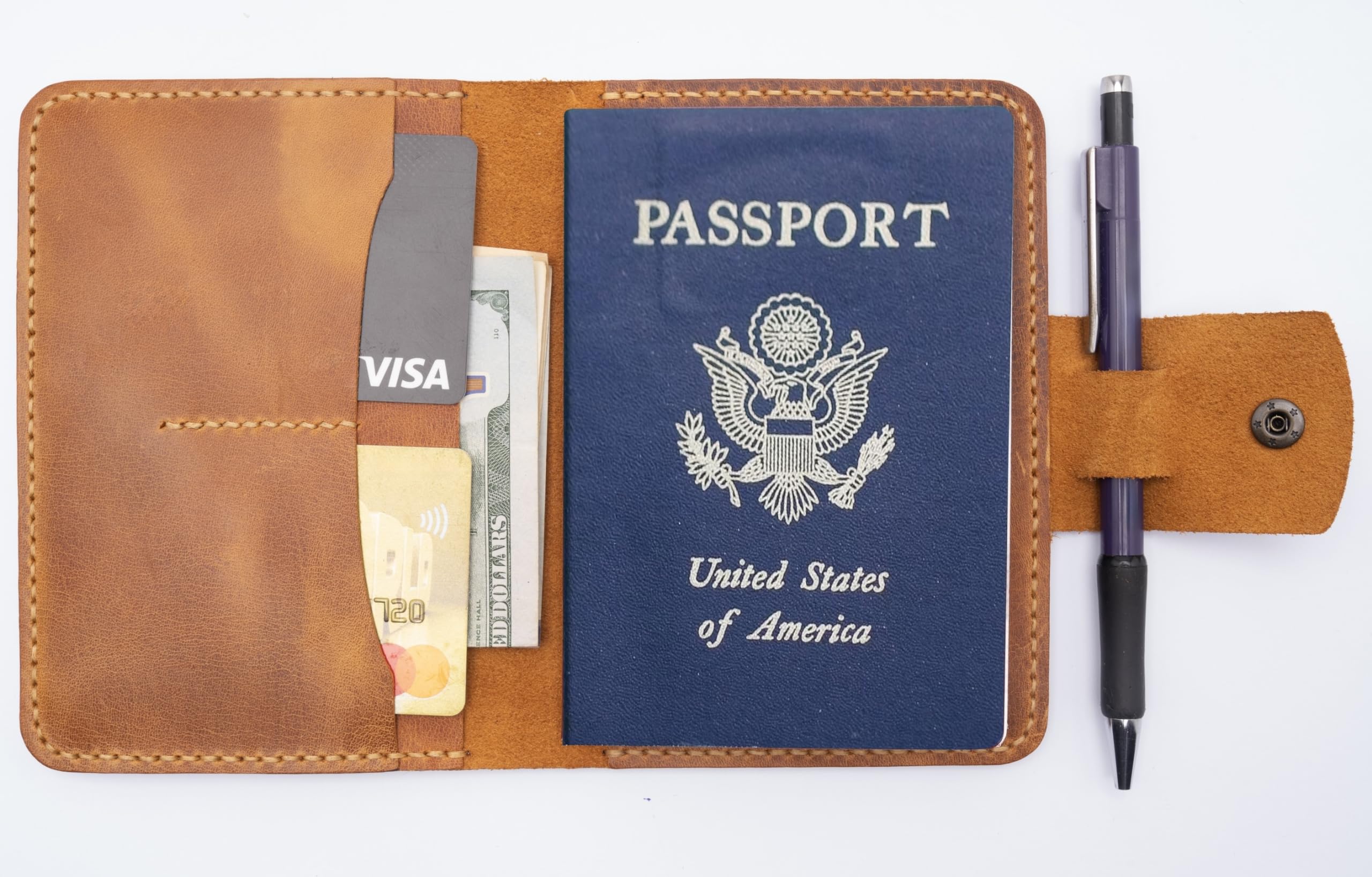 Funda de piel hecha a mano para pasaporte, cartera y tarjetero, Camello, Funda de piel auténtica