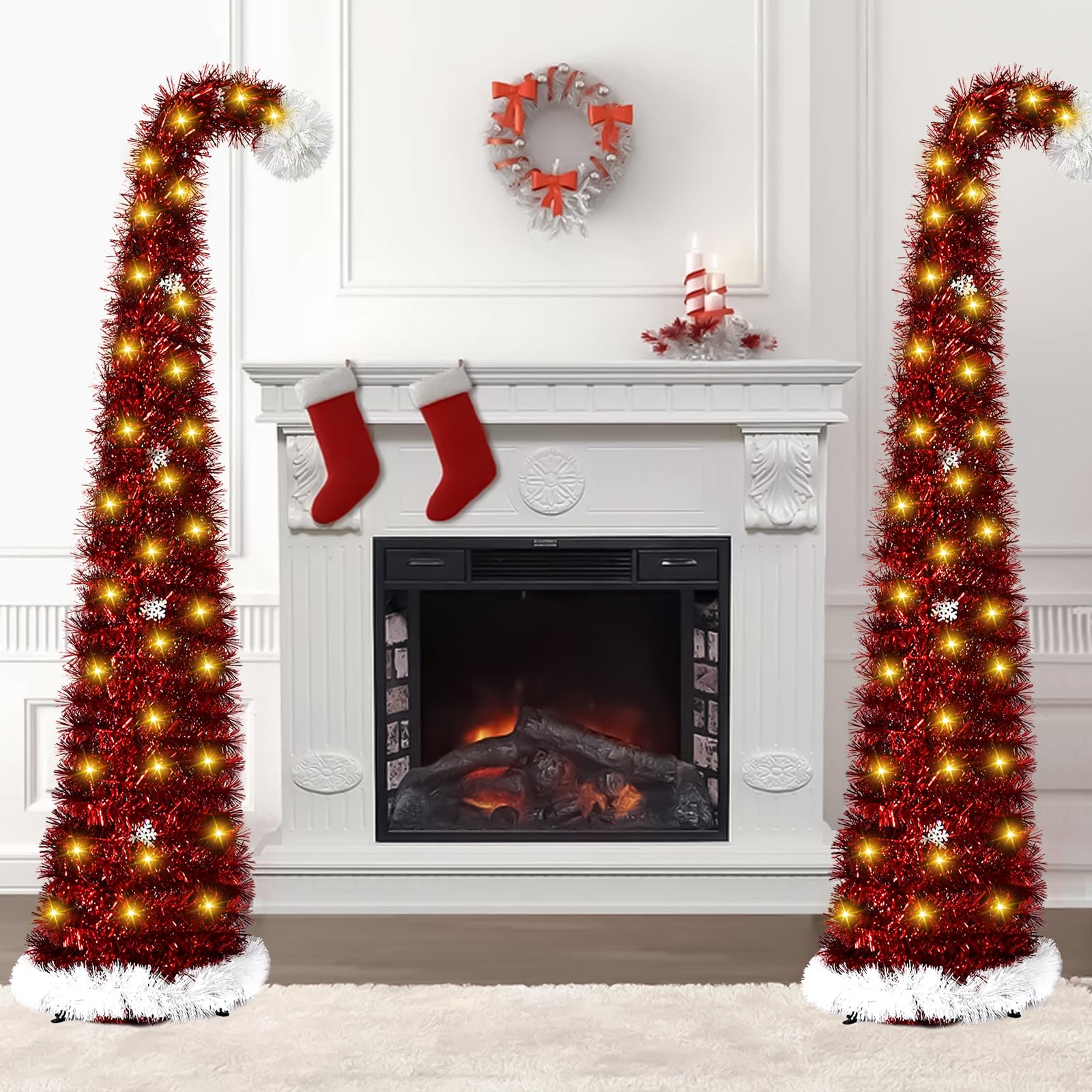 BigKing 150 cm Sapin de Noël Artificiel avec Support et Guirlande Lumineuse | Pliable Arbre de Noël artificiel - Décoration à paillettes - Parfait pour fête, salon ou bureau (bonnet de Père Noël rouge)