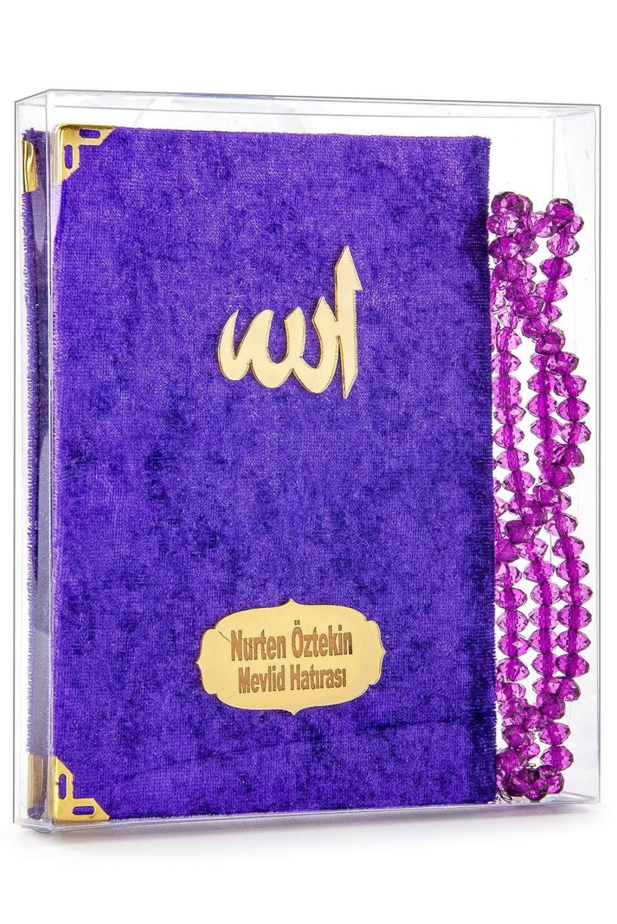 İhvan Online 10 Adet Kadife Kaplı Yasin Kitabı - Çanta Boy - İsim Baskılı Plaka - Tesbihli - Şeffaf Kutulu - Mor - Hediyelik Yasin Seti