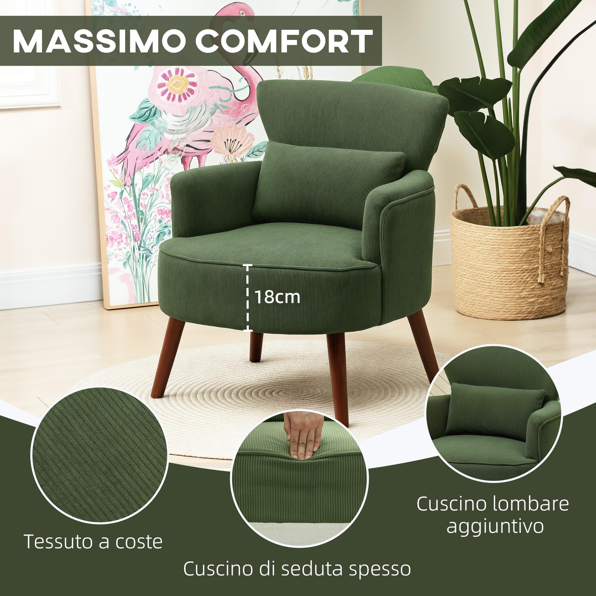 HOMCOM Poltrona Moderna Imbottita con Cuscino Lombare e Sedile Spesso, Poltrona in Velluto con Schienale e Gambe in Legno di Gomma per Salotto e Camera da Letto, Verde