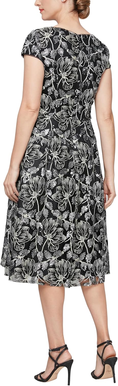 Alex Evenings Women's A-line Stretch Embroidered Dress with Tie Belt