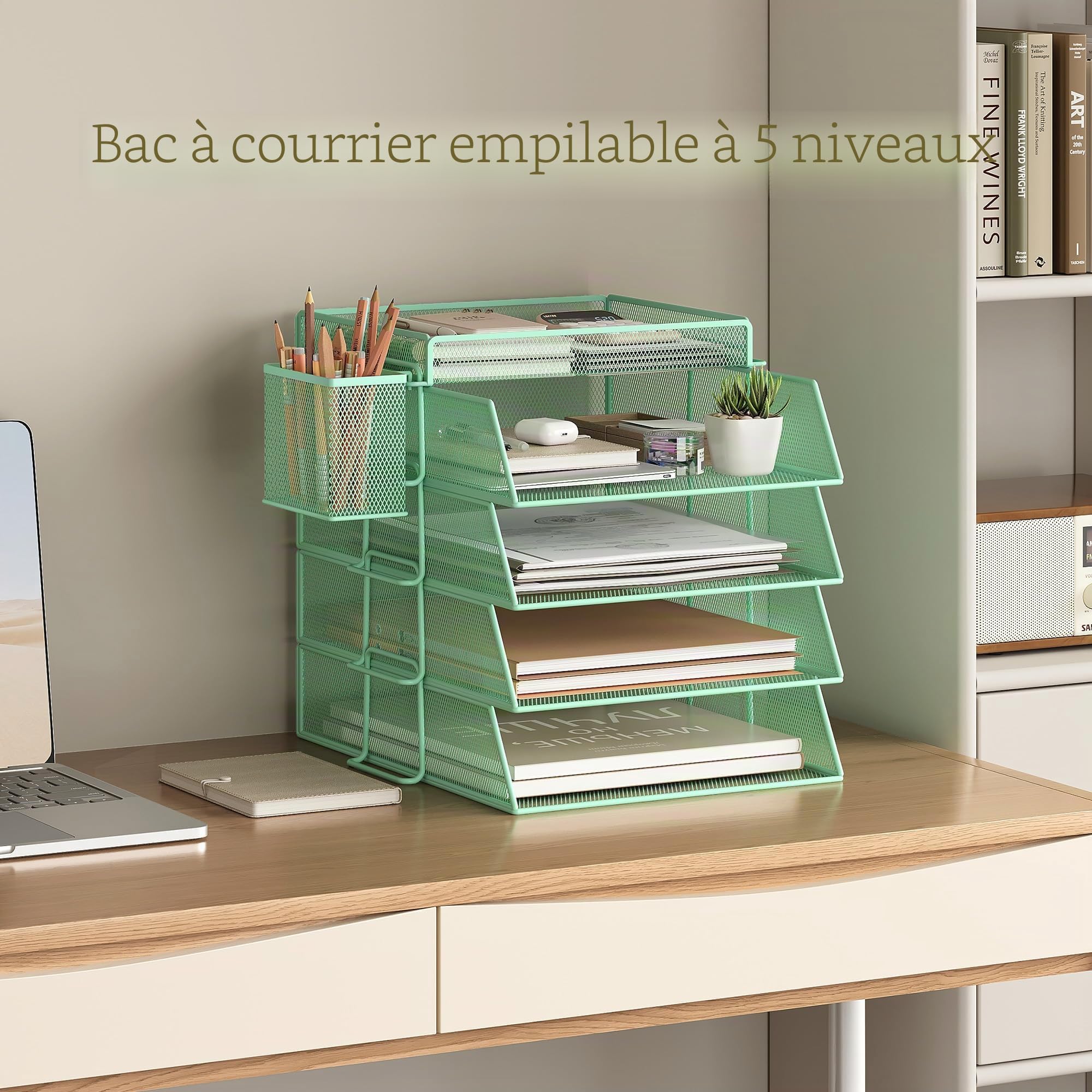 Corbeille à courrier empilable à 4 Niveaux pour Bureau, Organiseur de Bureau, bacs à dossiers pour Accessoires de Bureau, Accessoires pour courrier avec Porte-Stylo - Vert