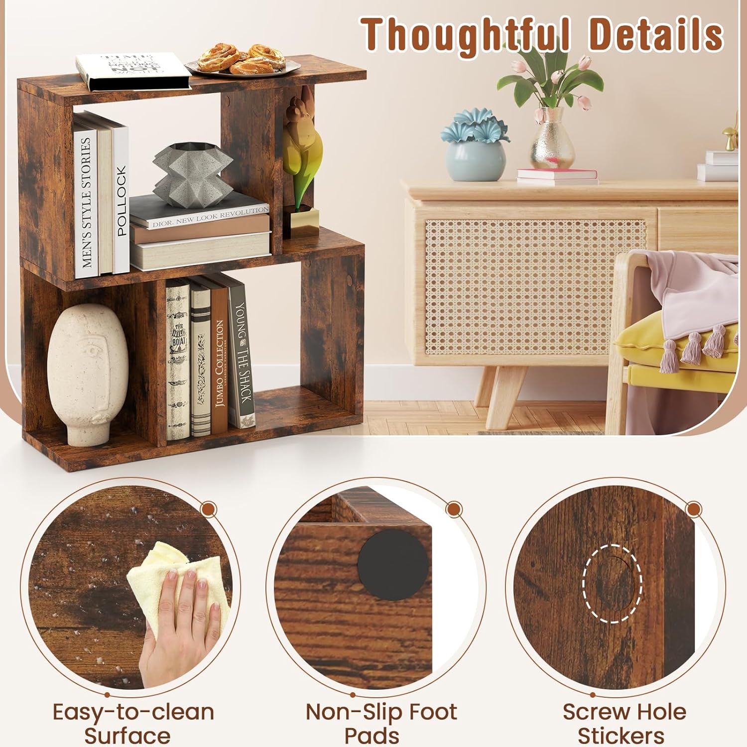Tangkula 3 Tier Geometric Bookshelf, S Shaped Open Bookcase with Storage, Home Office Decor, Freestanding Wood Display Shelf for Living Room Study, Small Bookshelf for Small Spaces (1, Rustic Brown)