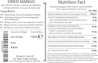 Seba Garden Dried Mango Slices 1kg- Choose Great, Big Strips, No Artificial Coloring, South African Dried Mango Strips- Ziplock Bag