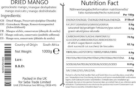 Seba Garden Dried Mango Slices 1kg- Choose Great, Big Strips, No Artificial Coloring, South African Dried Mango Strips- Ziplock Bag