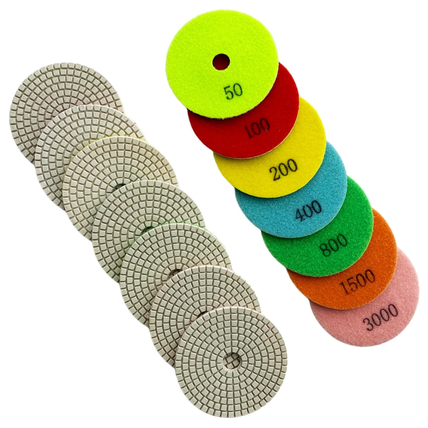 7" Wet Diamond Polishing Pads Set (2X50, 2X100, 2X200, 2X400, 2X800, 2X1500, 2X3000 Grit) - White Resin for Granite, Marble, Quartz, Engineered Stone