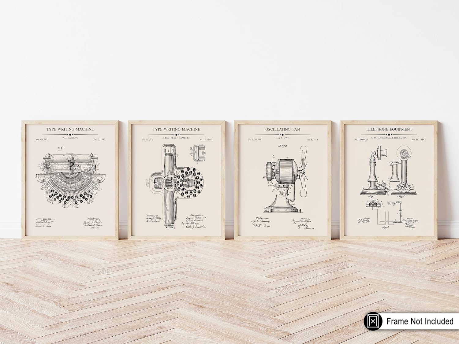 Poster Master 4-Piece Office Blueprint Poster - Type Writing Machine Patent Print - Circulating Fan Art - Telephone Equipment Design - Technical Drawing - Workplace Decor - 8x10 UNFRAMED
