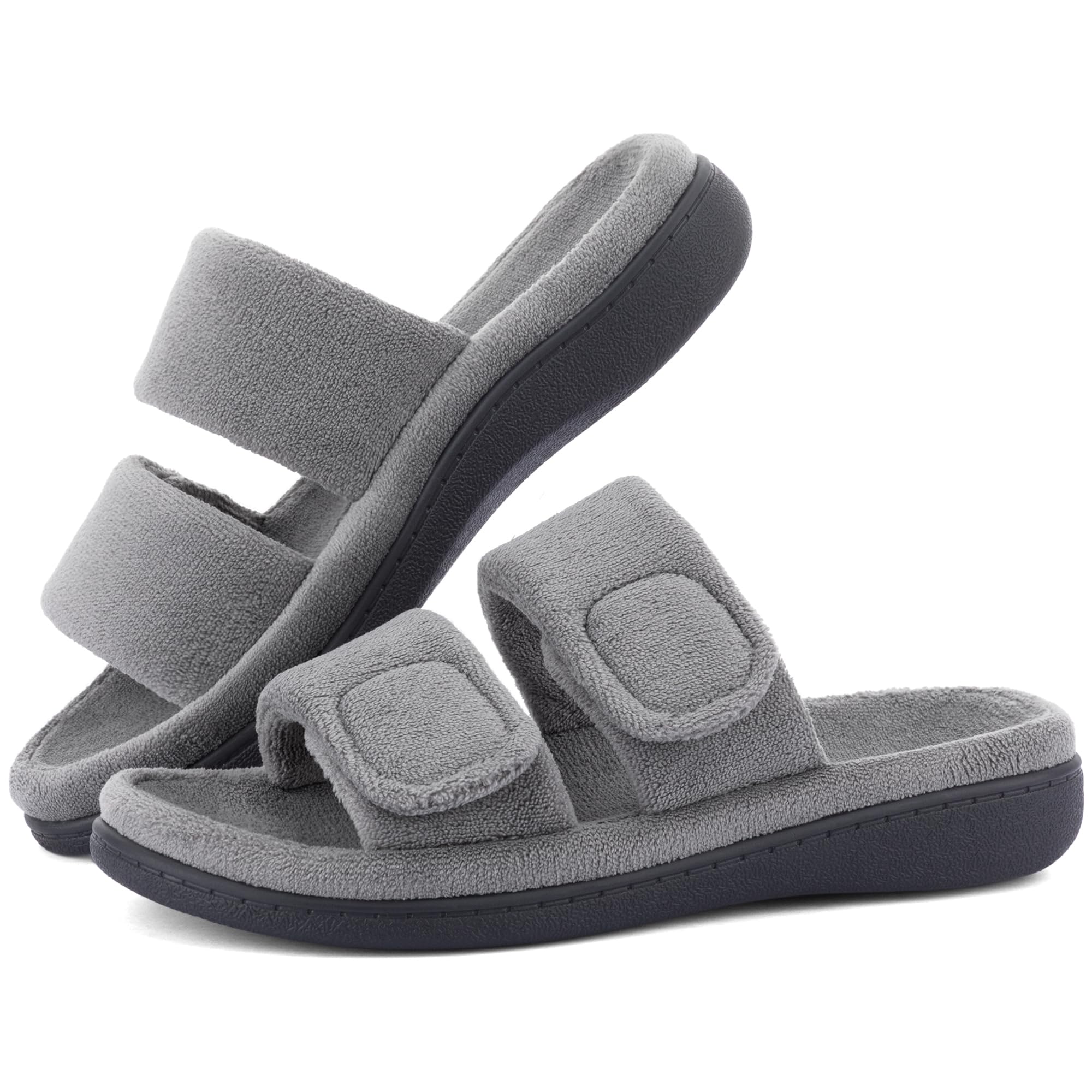 Womens Dual Strap Arch Support Adjustable Slide Slipper with Featherlight Coral Fleece Indoor Outdoor Non Slip Rubber Sole Gift Idea