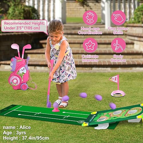 Miniatura 5 de Juego de golf para niños y niñas de 2, 3 y 4 años, carrito de golf mejorado para niños con alfombrilla de putting y tabla de cornhole, juguetes
