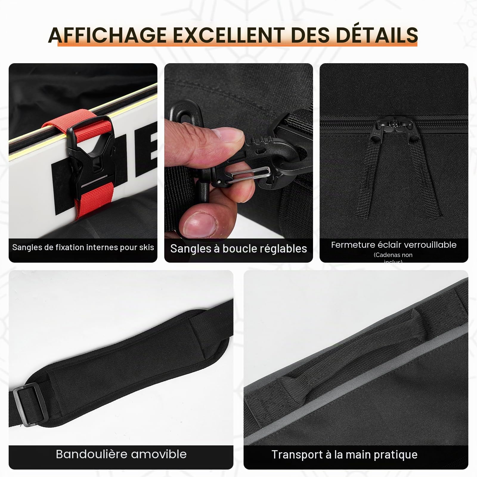 Odoland Housse à Skis 200cm et Sac à Dos pour Chaussures de Ski, Sacs Rembourrés de Skis, Double Imperméable pour Transporter d'Équipement de Ski, Chaussures, Lunettes, Casque pour Homme Femme