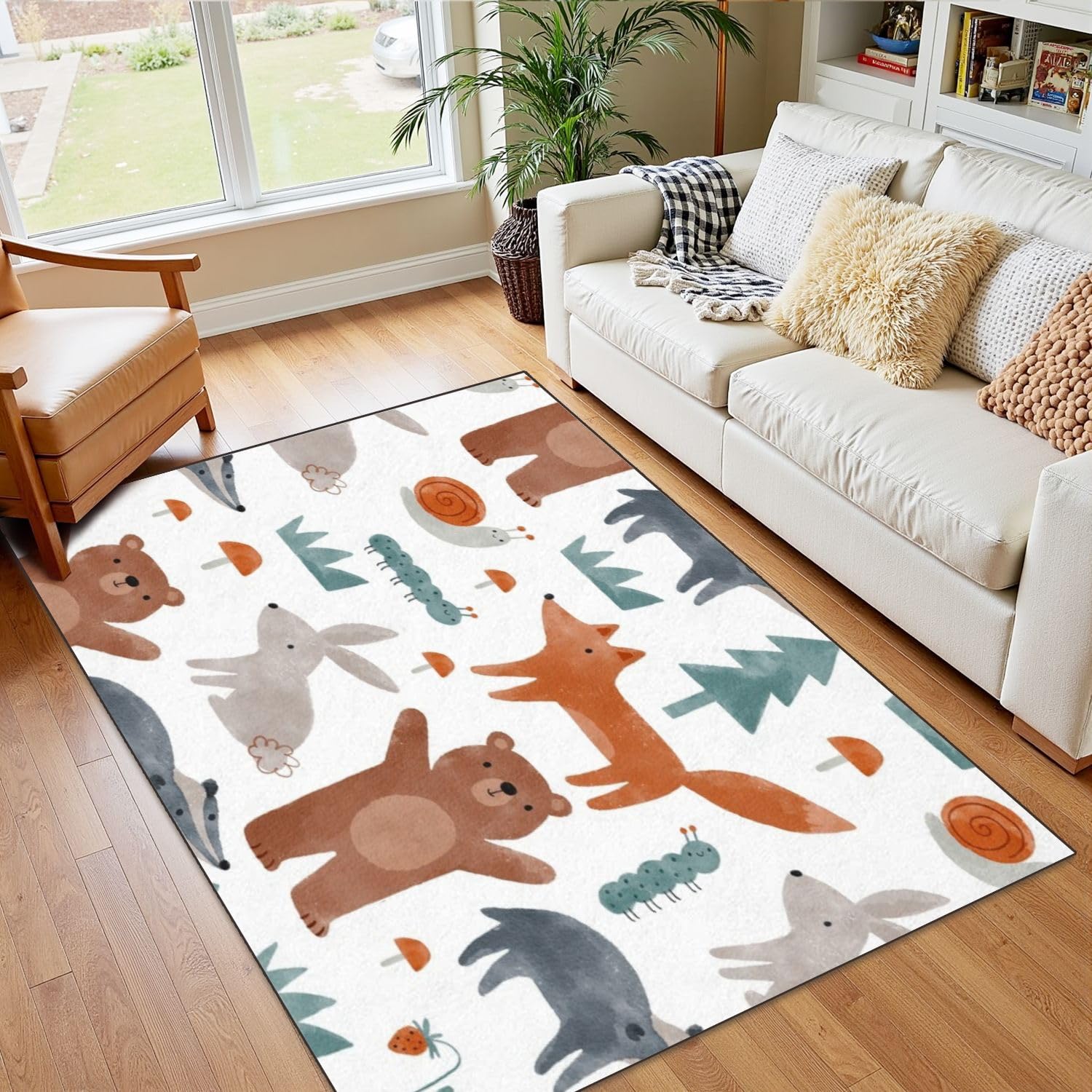 4x5 Boho Rug Rugs for Living Room Rugs for Entryway Cute Watercolor Woodland Cartoon Wild Forest Animals Trees Nursery Room Decor Bedroom Rug Door Mat Woodland Rainbow Carpet